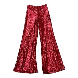 Mainstrip Red Sequin Wide Leg Pants Womens Medium High Rise Glam Party Disco NWT